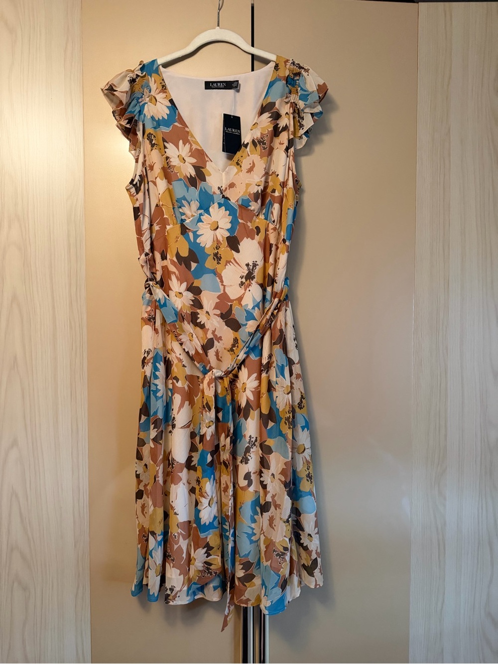 Ralph Lauren Blue, Brown & Cream Floral Wrap Midi Dress